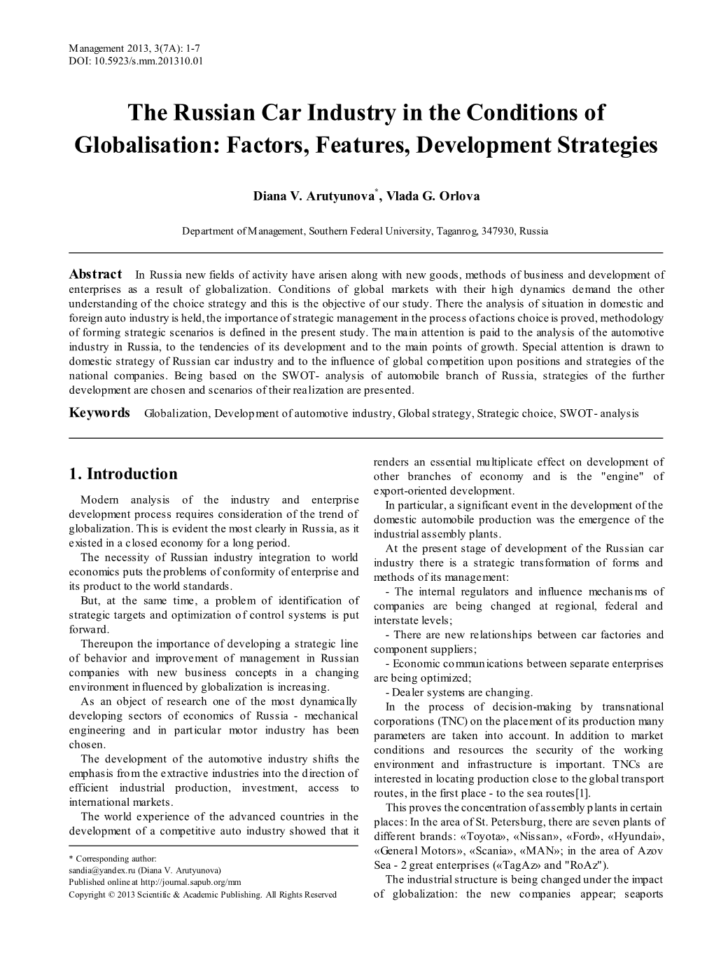 The Russian Car Industry in the Conditions of Globalisation: Factors, Features, Development Strategies
