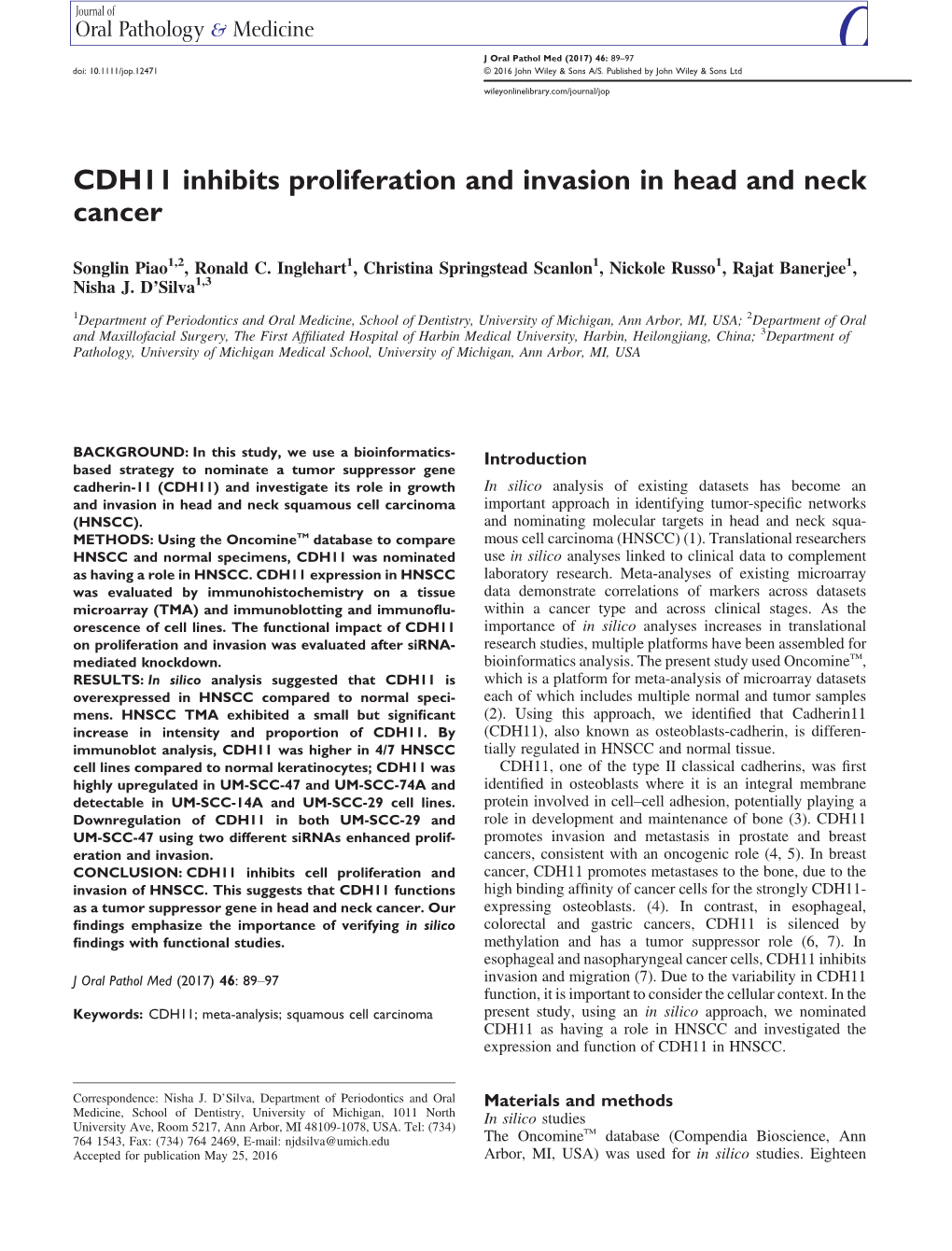 CDH11 Inhibits Proliferation and Invasion in Head and Neck Cancer