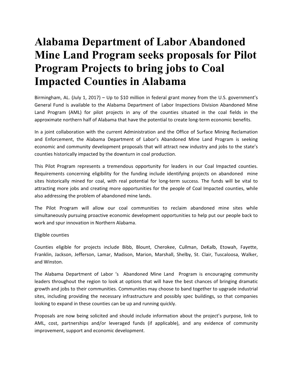 Alabama Department of Labor Abandoned Mine Land Program Seeks Proposals for Pilot Program Projects to Bring Jobs to Coal Impacted Counties in Alabama