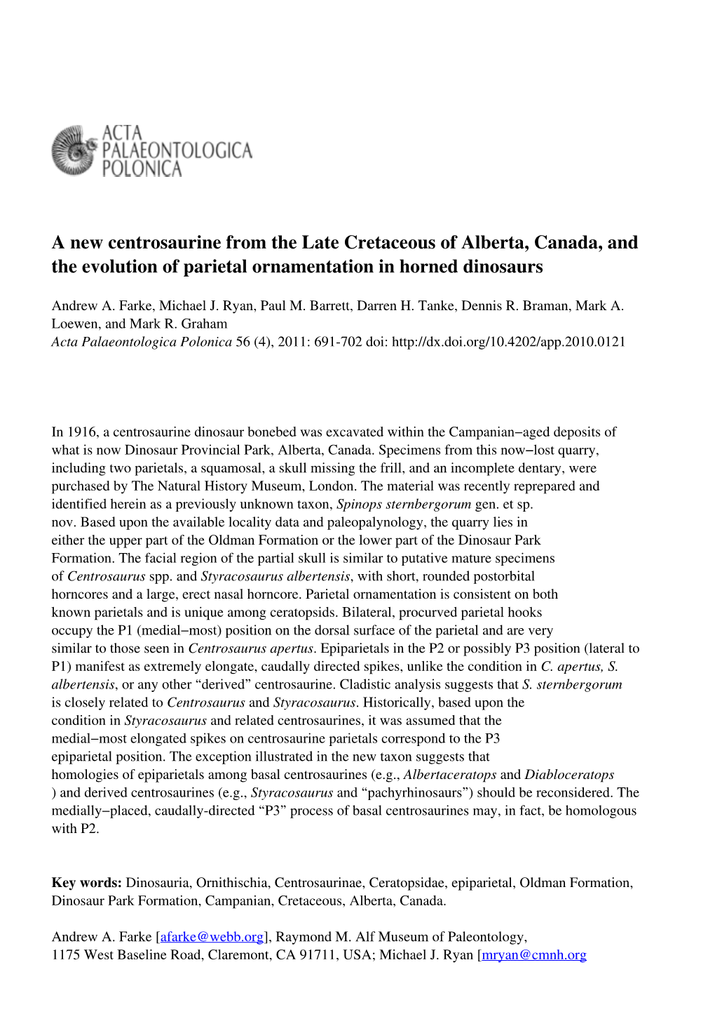 A New Centrosaurine from the Late Cretaceous of Alberta, Canada, and the Evolution of Parietal Ornamentation in Horned Dinosaurs