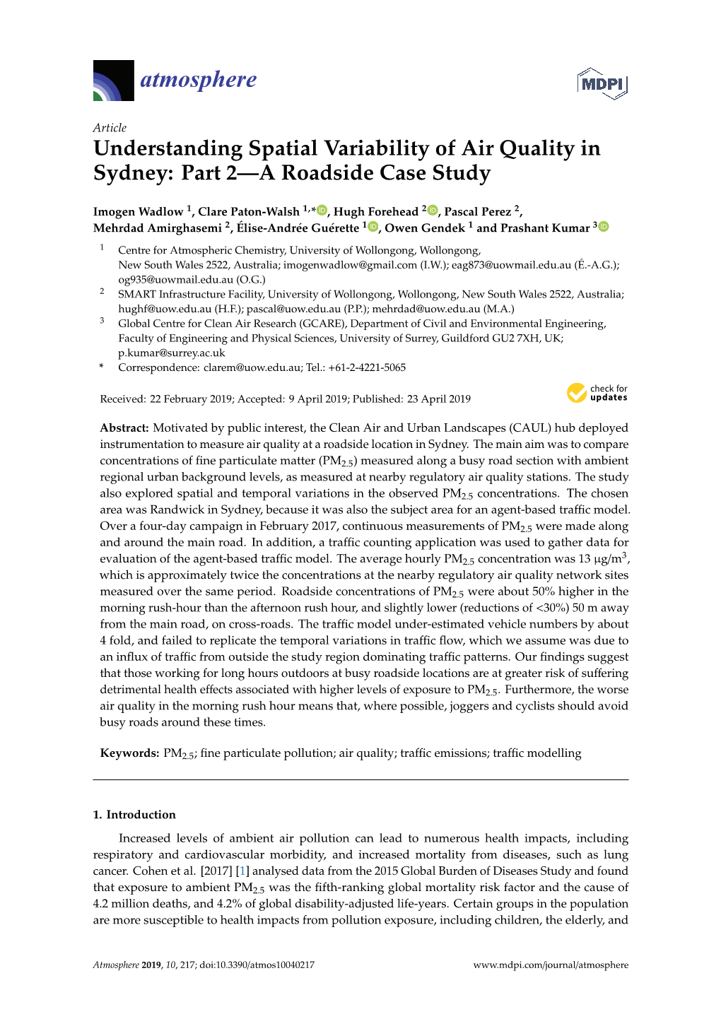 Understanding Spatial Variability of Air Quality in Sydney: Part 2—A Roadside Case Study