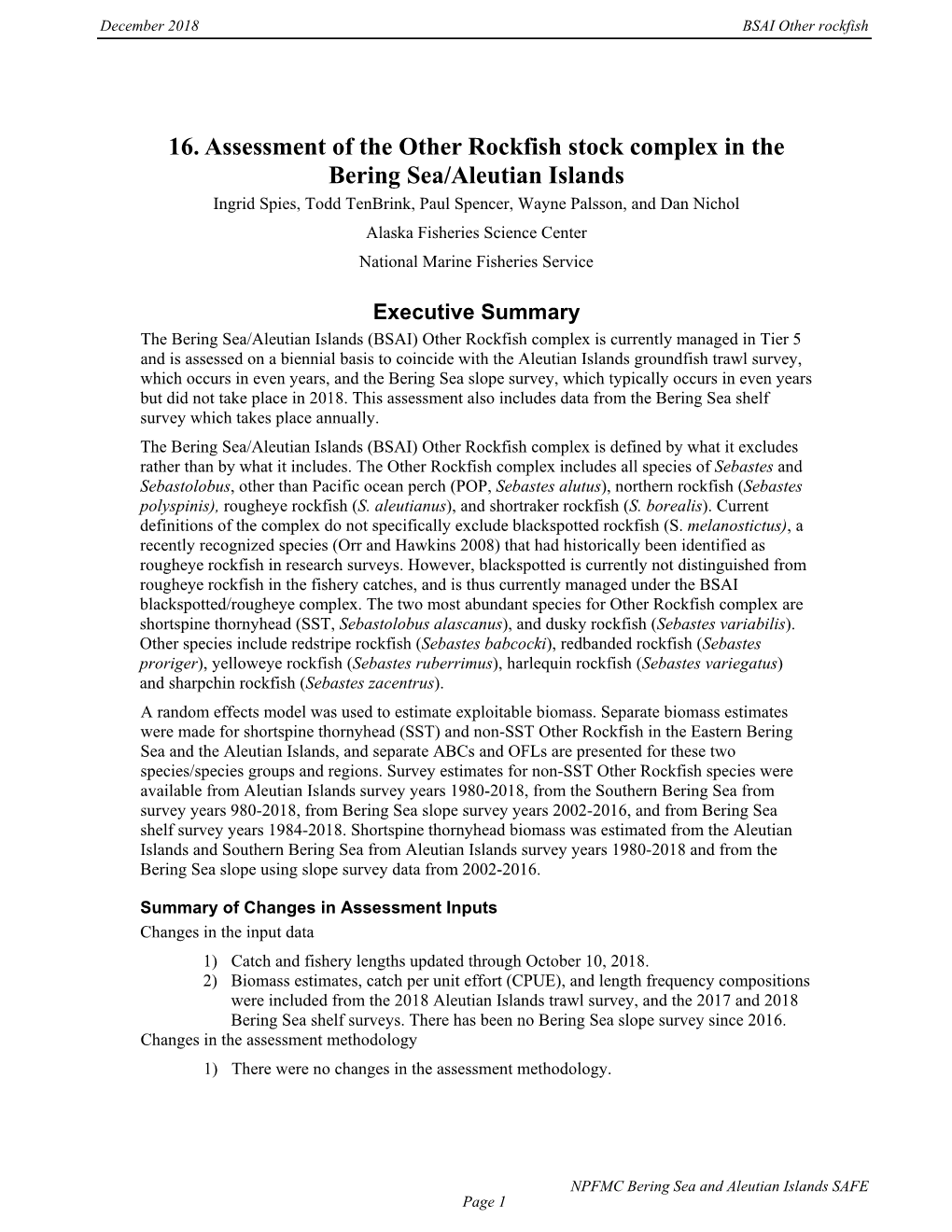 16. Assessment of the Other Rockfish Stock Complex in the Bering Sea