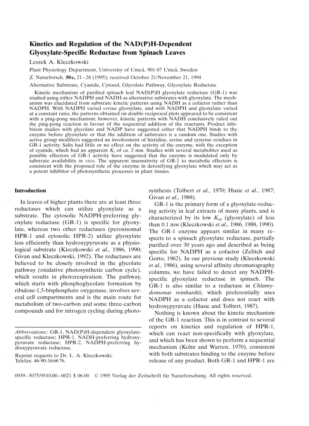 Kinetics and Regulation of the NAD(P)H-Dependent Glyoxylate-Specific Reductase from Spinach Leaves Leszek A