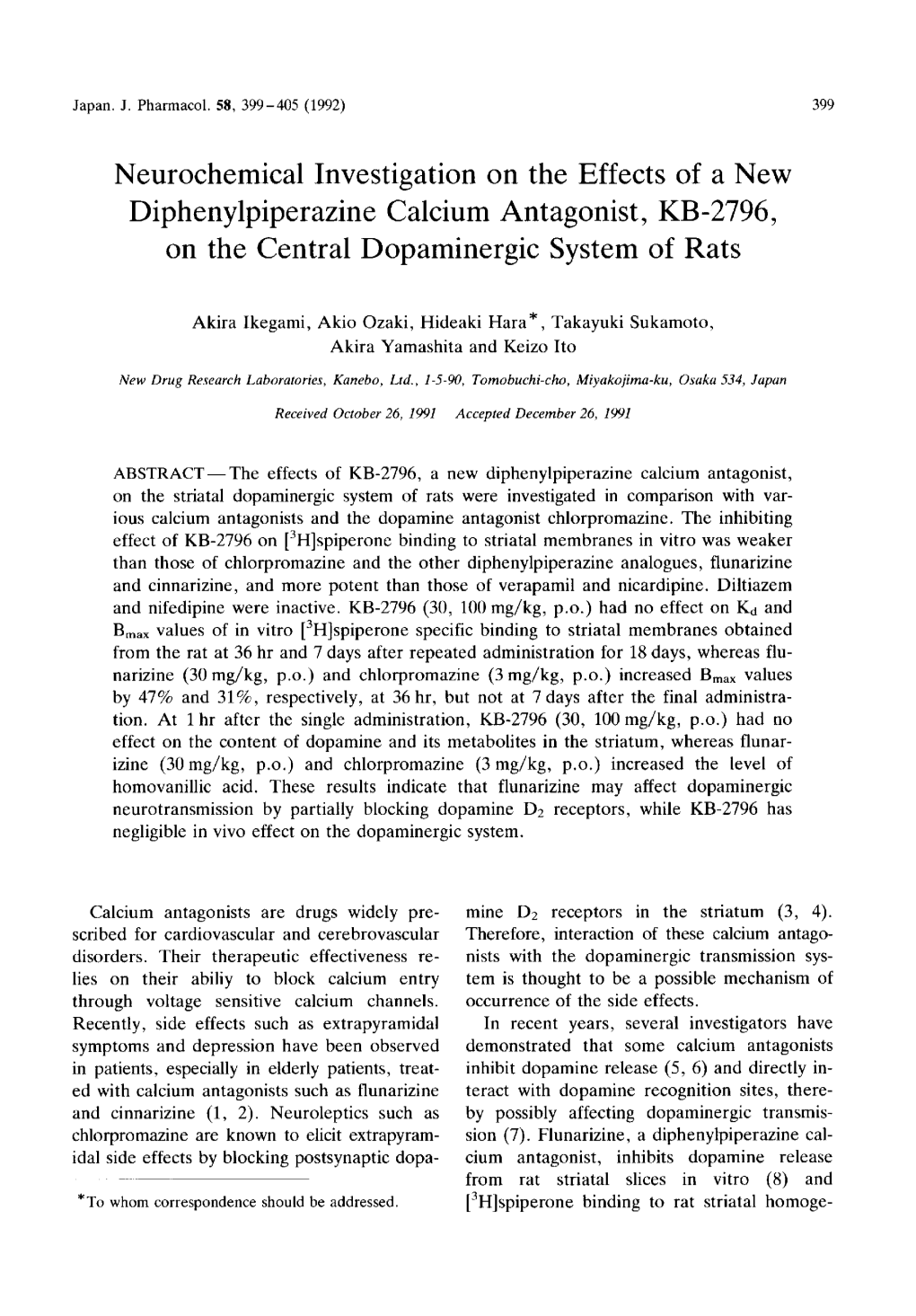 Neurochemical Investigation on the Effects of a New Diphenylpiperazine Calcium Antagonist, KB-2796, on the Central Dopaminergic System of Rats