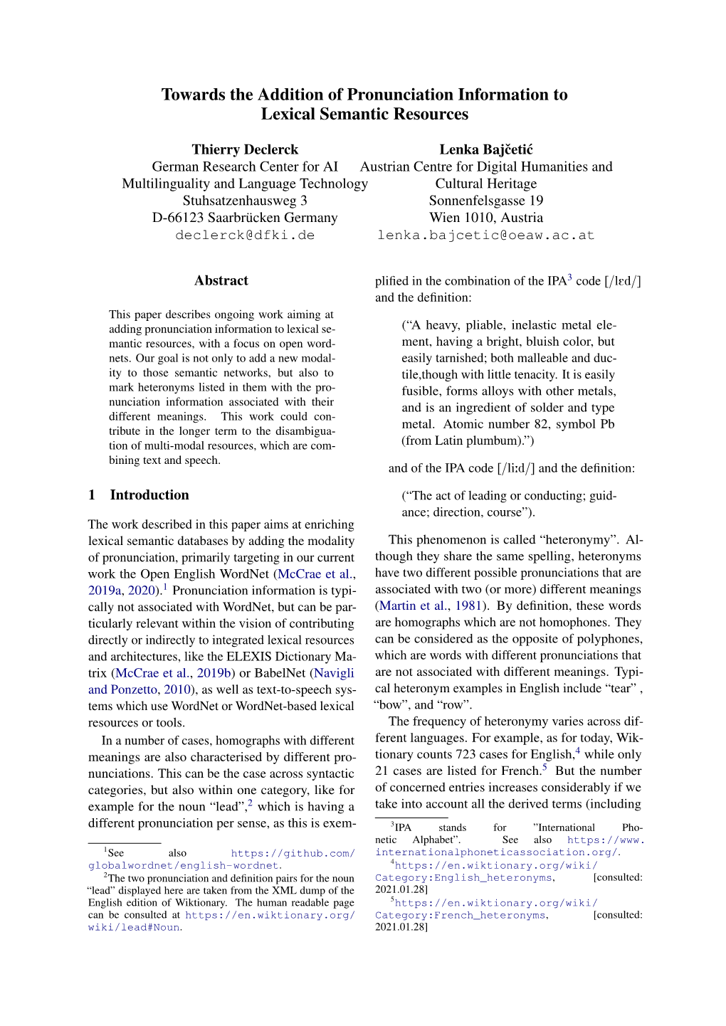 Towards the Addition of Pronunciation Information to Lexical Semantic Resources