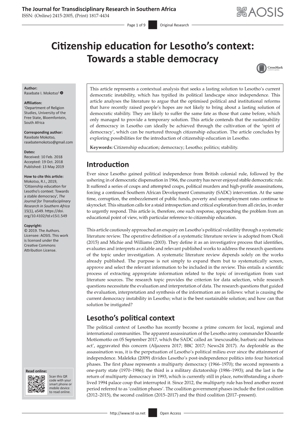 Citizenship Education for Lesotho's Context: Towards a Stable Democracy