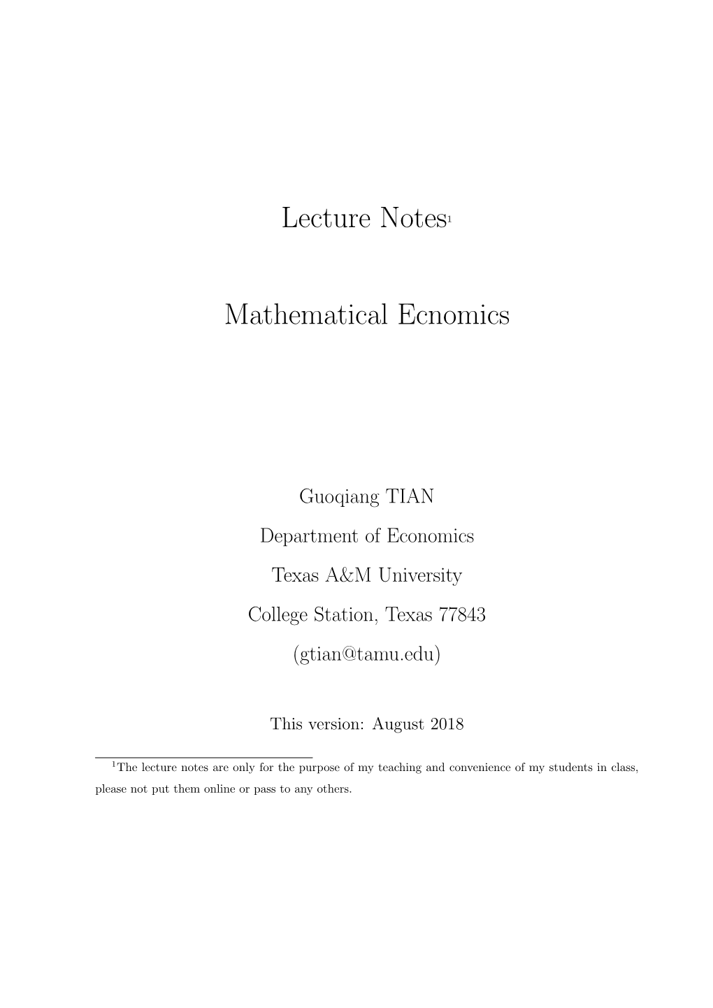 Lecture Notes for Mathematical Economics