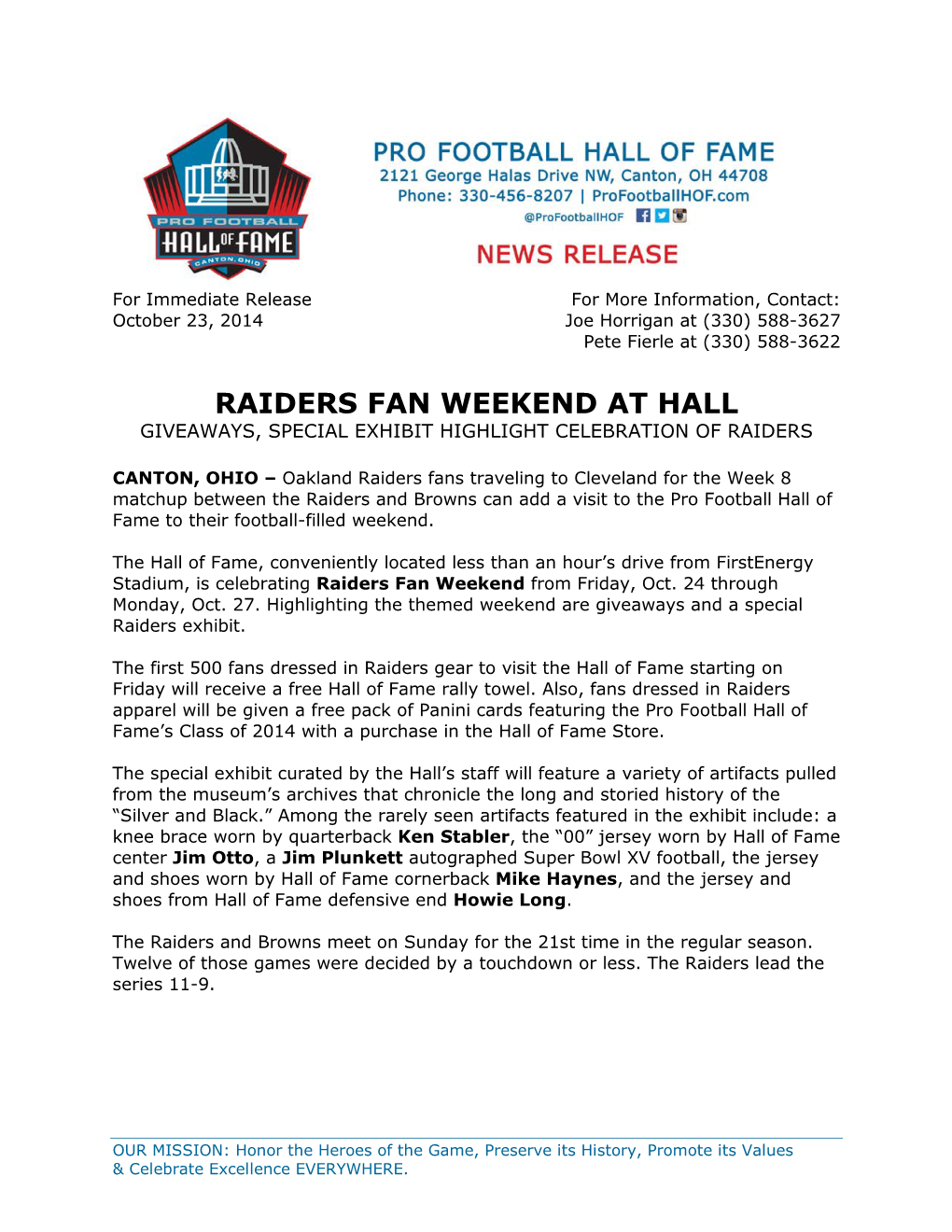 Raiders Fan Weekend at Hall Giveaways, Special Exhibit Highlight Celebration of Raiders