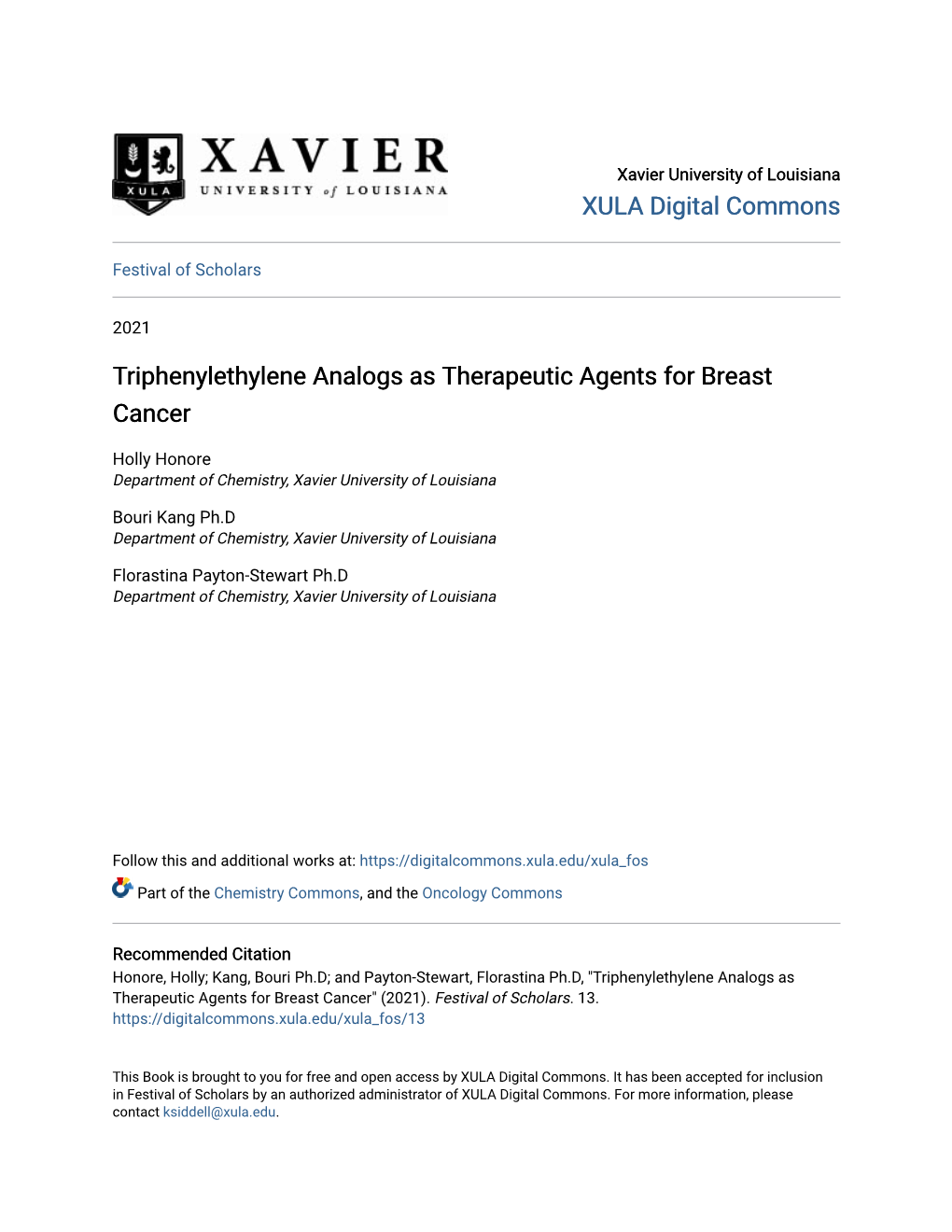 Triphenylethylene Analogs As Therapeutic Agents for Breast Cancer