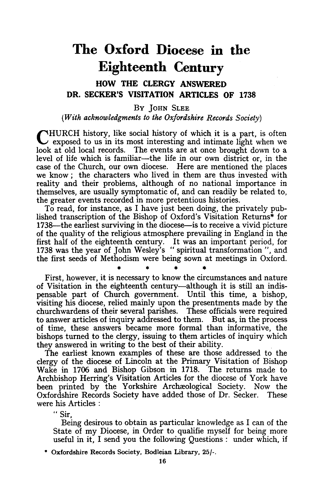 The Oxford Diocese in the Eighteenth Century HOW the CLERGY ANSWERED DR