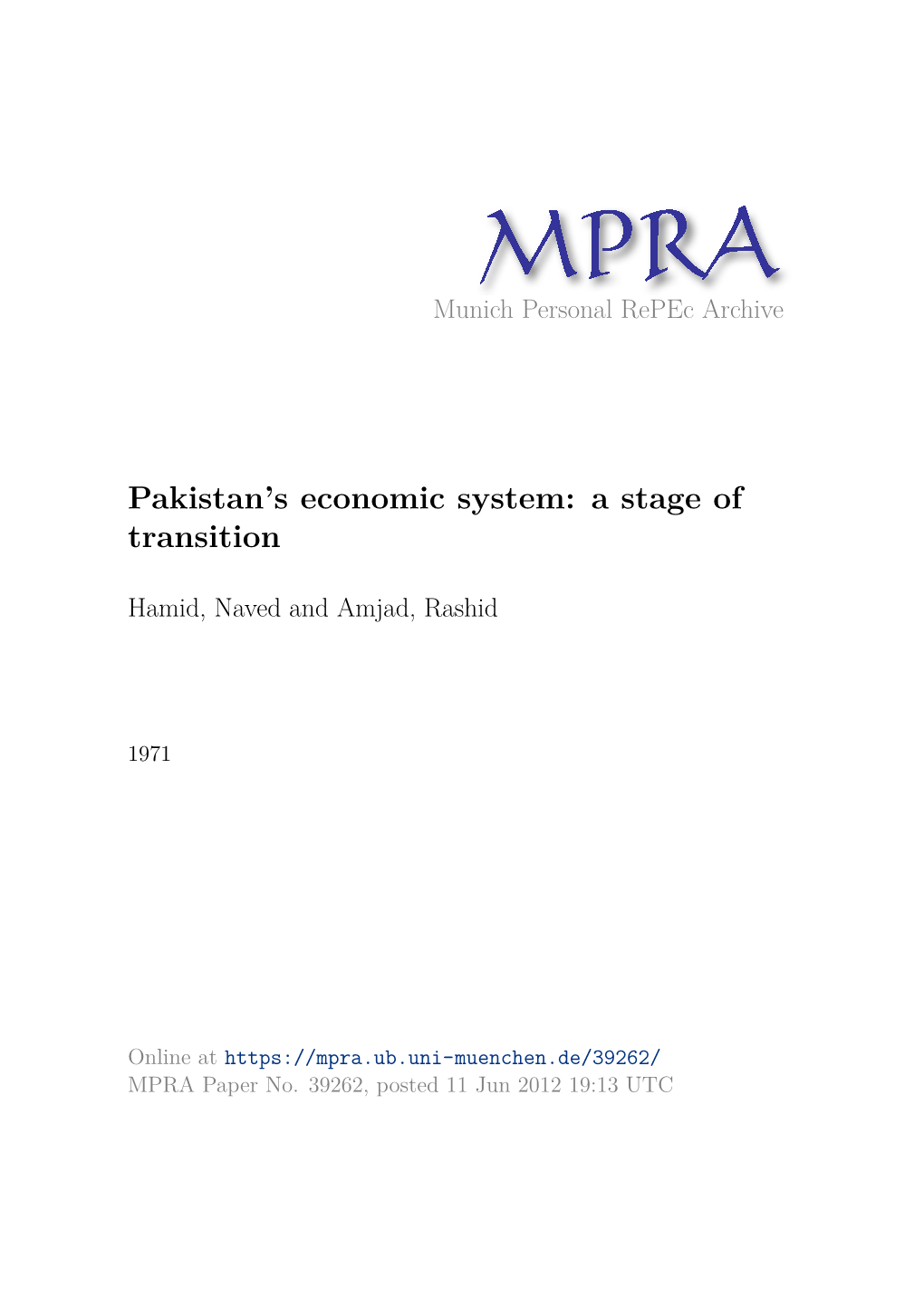 Pakistan's Economic System: a Stage of Transition