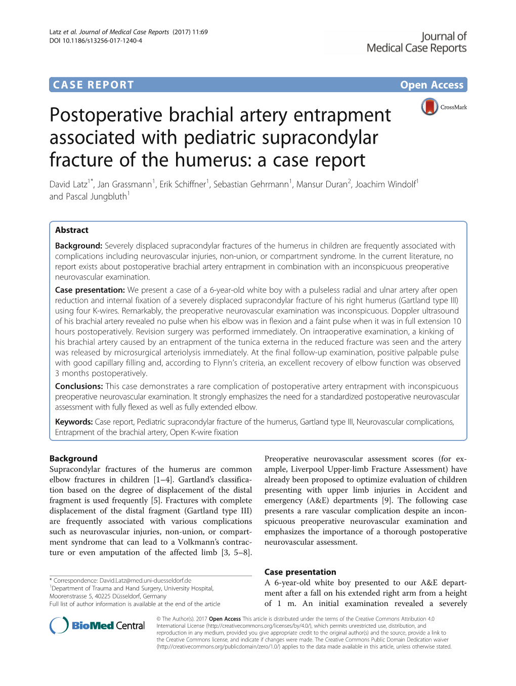 Postoperative Brachial Artery Entrapment Associated With