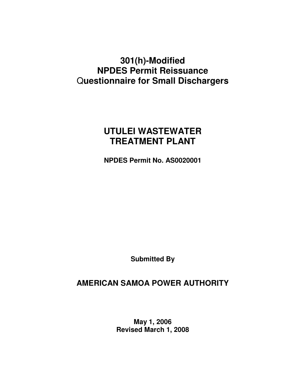 301(H)-Modified NPDES Permit Reissuance Questionnaire for Small Dischargers