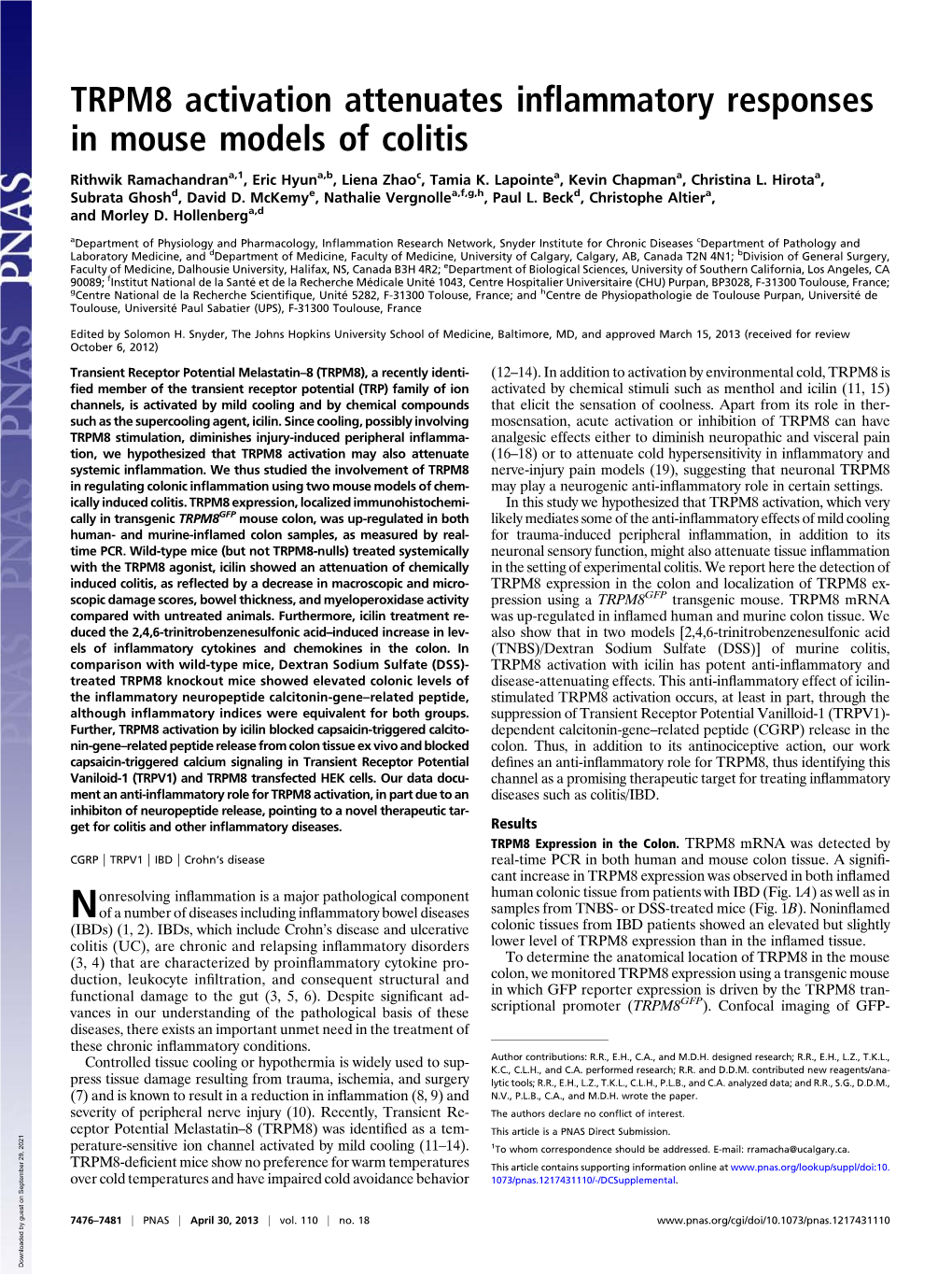 TRPM8 Activation Attenuates Inflammatory Responses in Mouse Models of Colitis