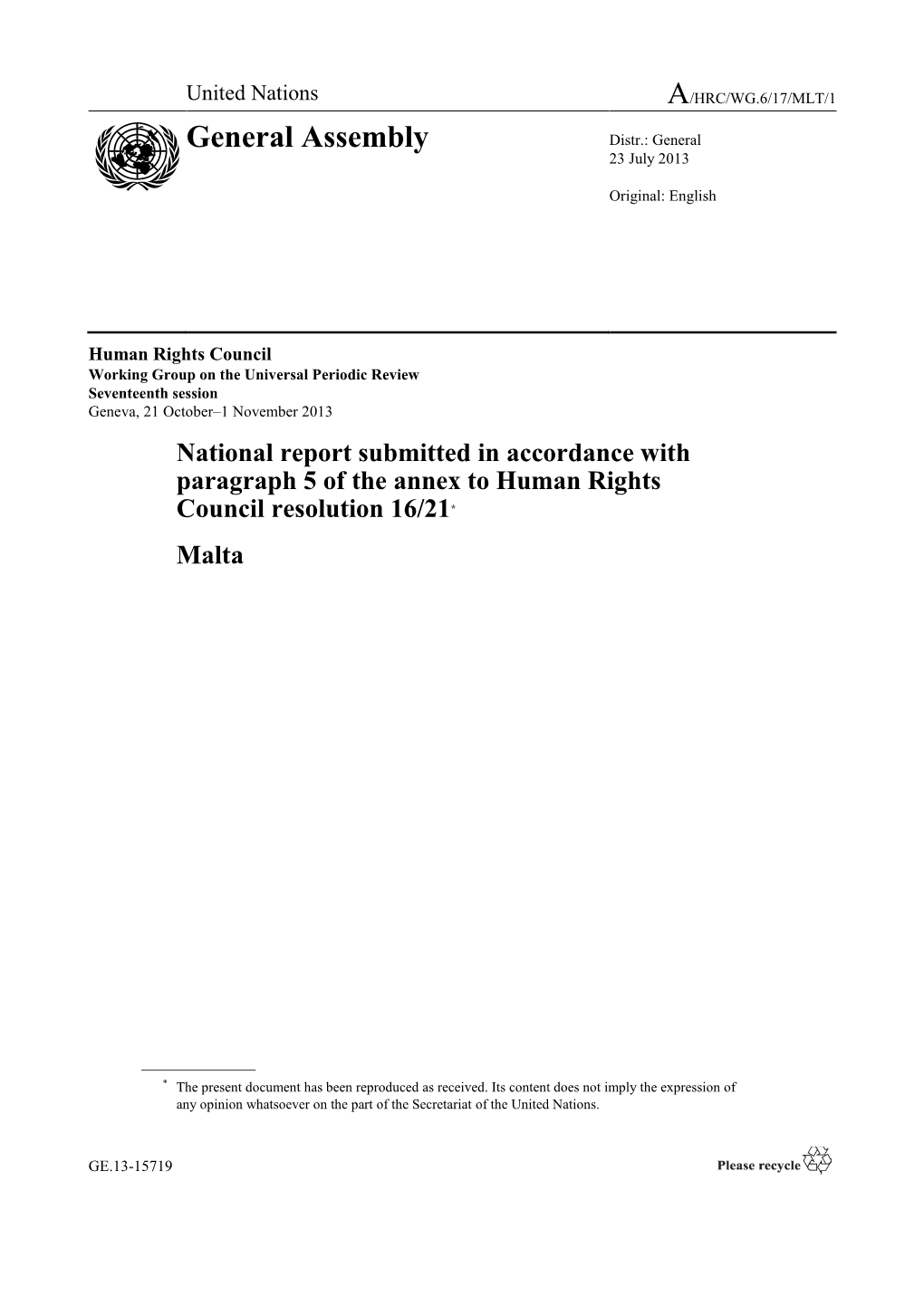 United Nations A/HRC/WG.6/17/MLT/1