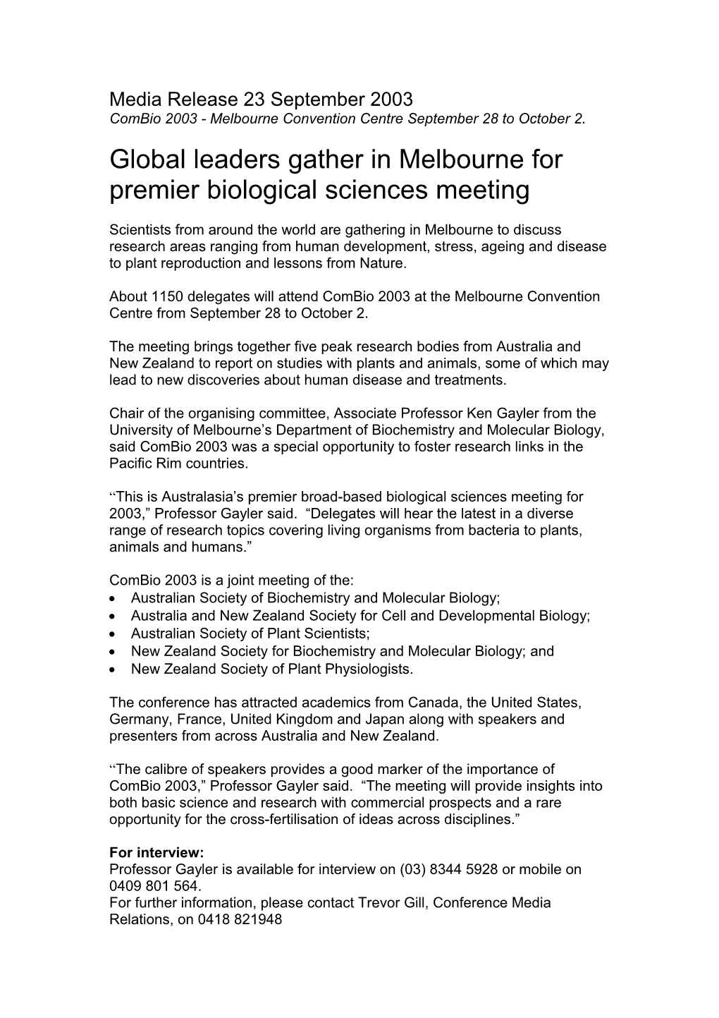 Global Leaders Gather in Melbourne for Premier Biological Sciences Meeting