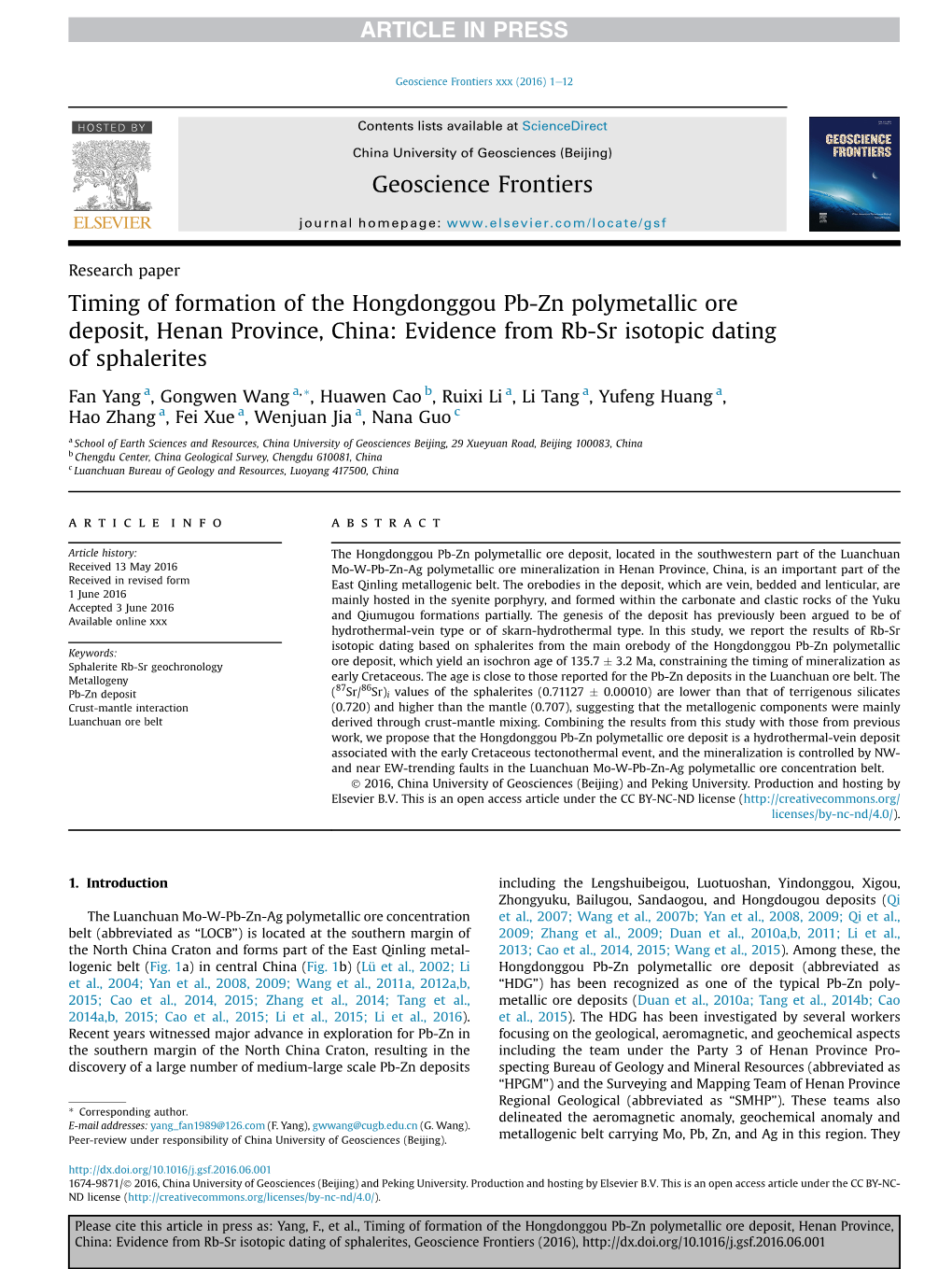 Timing of Formation of the Hongdonggou Pb-Zn Polymetallic Ore Deposit, Henan Province, China: Evidence from Rb-Sr Isotopic Dating of Sphalerites