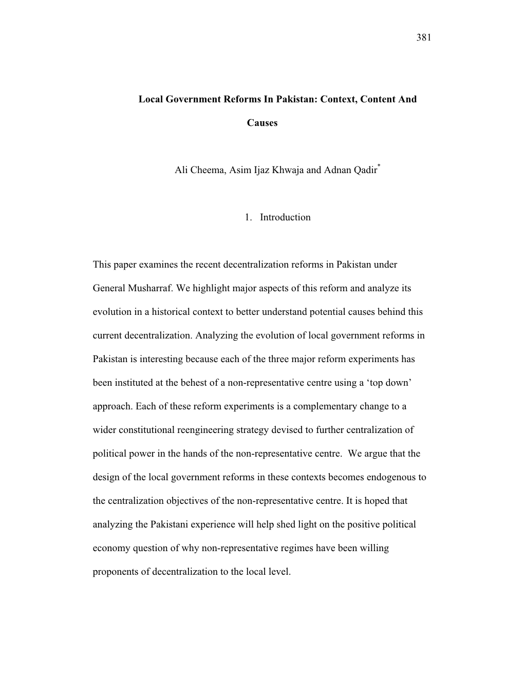 Local Government Reforms in Pakistan: Context, Content And