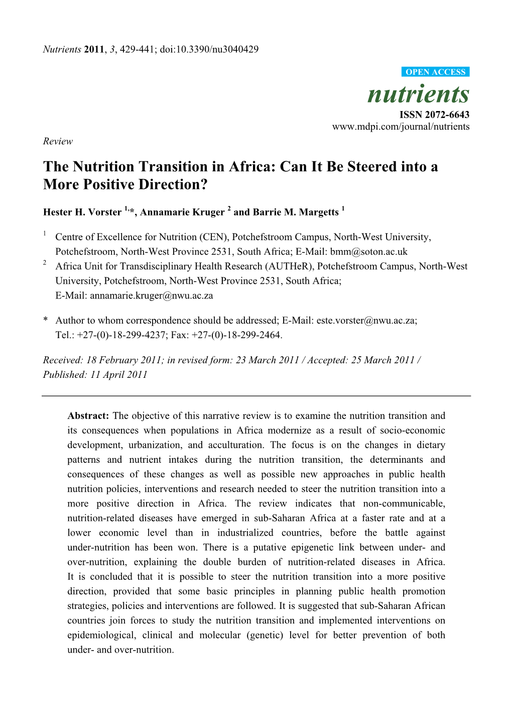 The Nutrition Transition in Africa: Can It Be Steered Into a More Positive Direction?