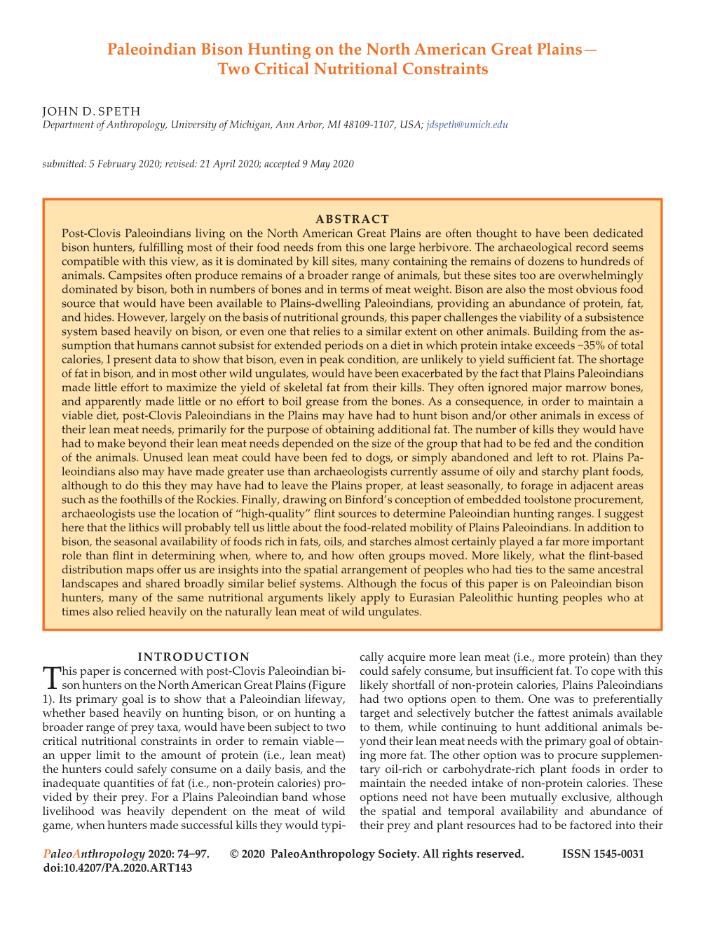 Paleoindian Bison Hunting on the North American Great Plains— Two Critical Nutritional Constraints