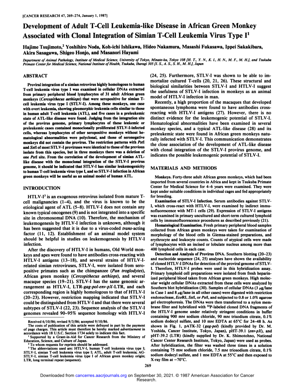 Development of Adult T-Cell Leukemia-Like Disease in African Green Monkey Associated with Clonal Integration of Simian T-Cell Leukemia Virus Type I1