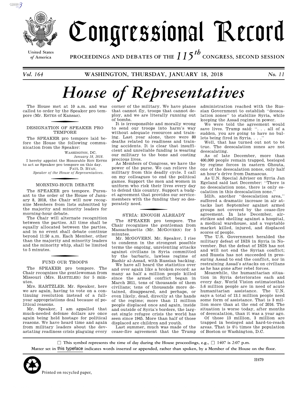 Congressional Record United States Th of America PROCEEDINGS and DEBATES of the 115 CONGRESS, SECOND SESSION