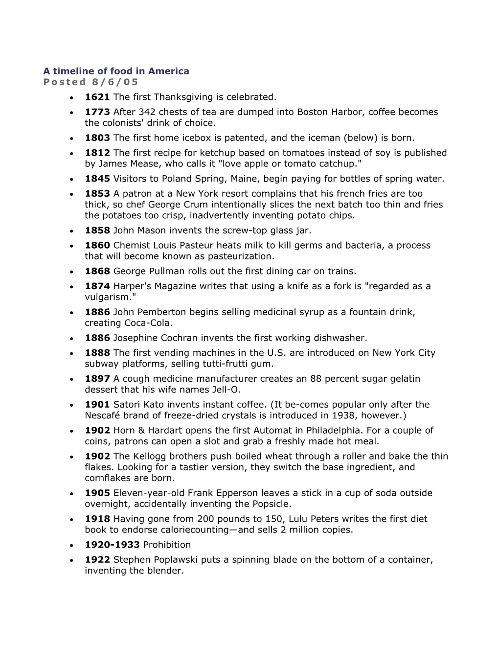 A Timeline of Food in America