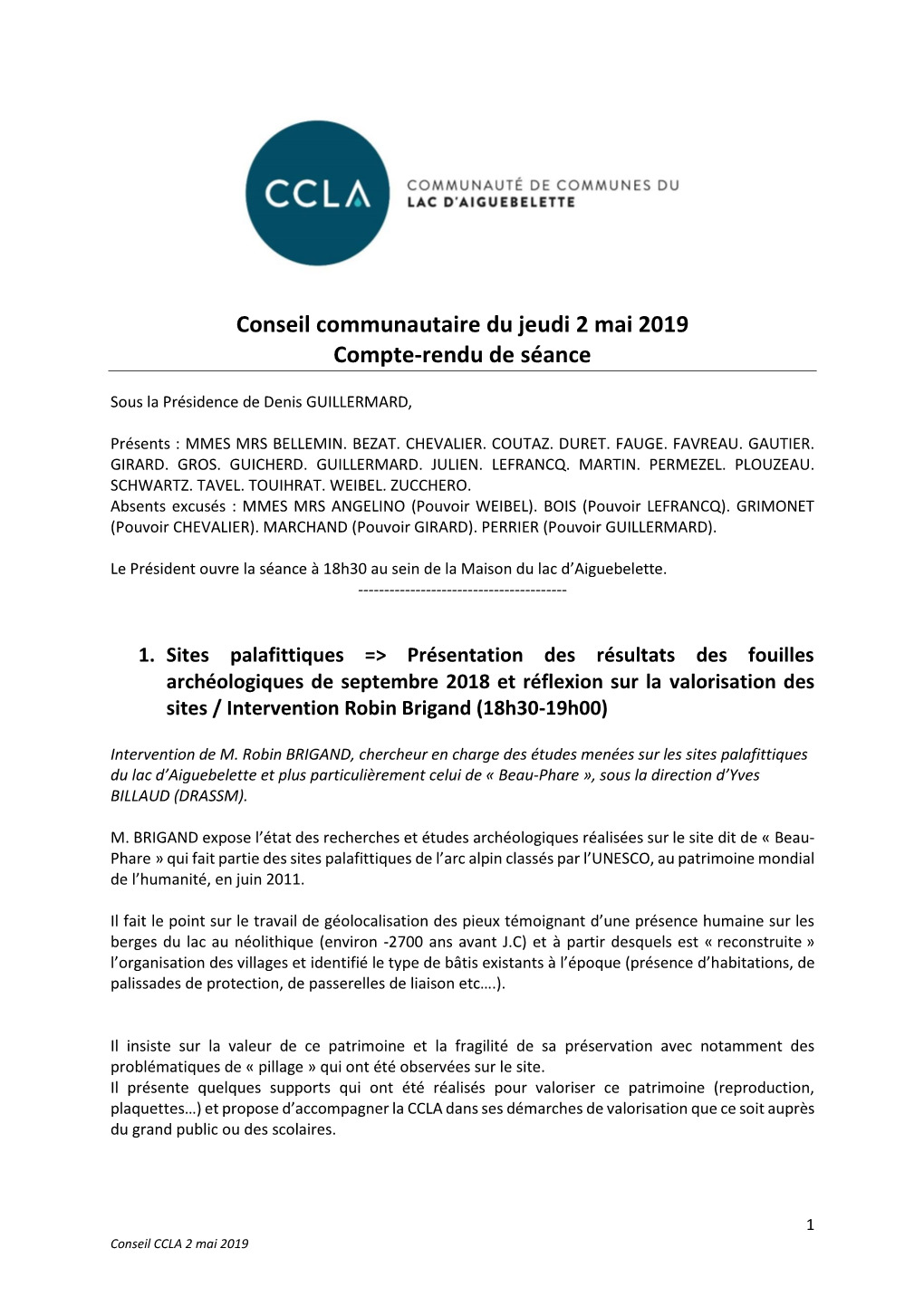 Conseil Communautaire Du Jeudi 2 Mai 2019 Compte-Rendu De Séance