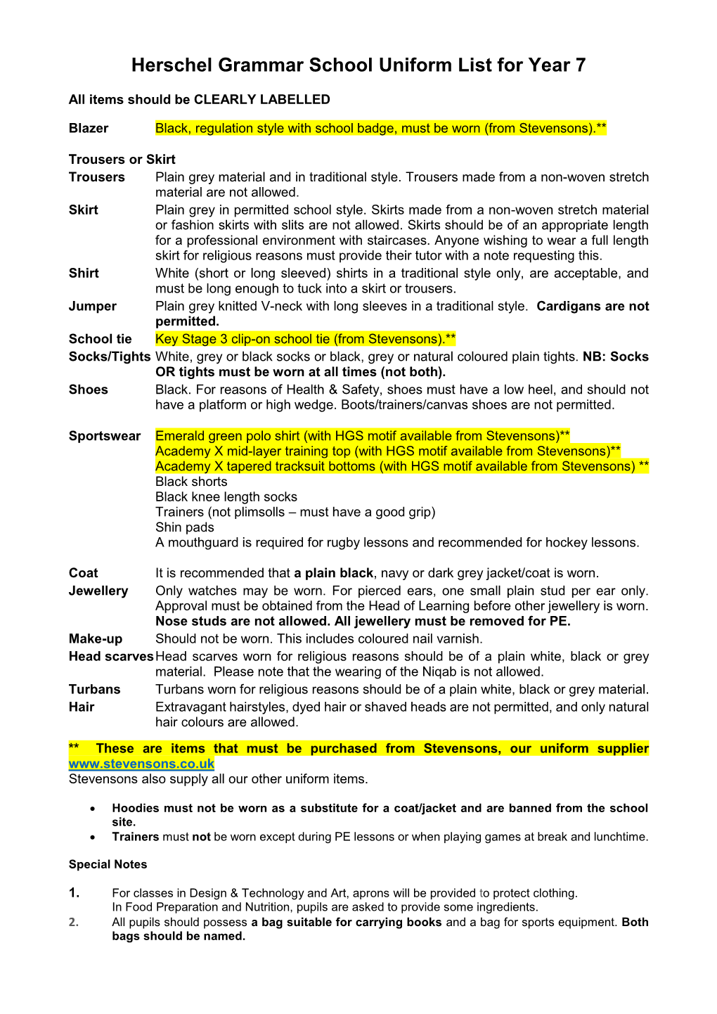 Herschel Grammar School Uniform List for Year 7