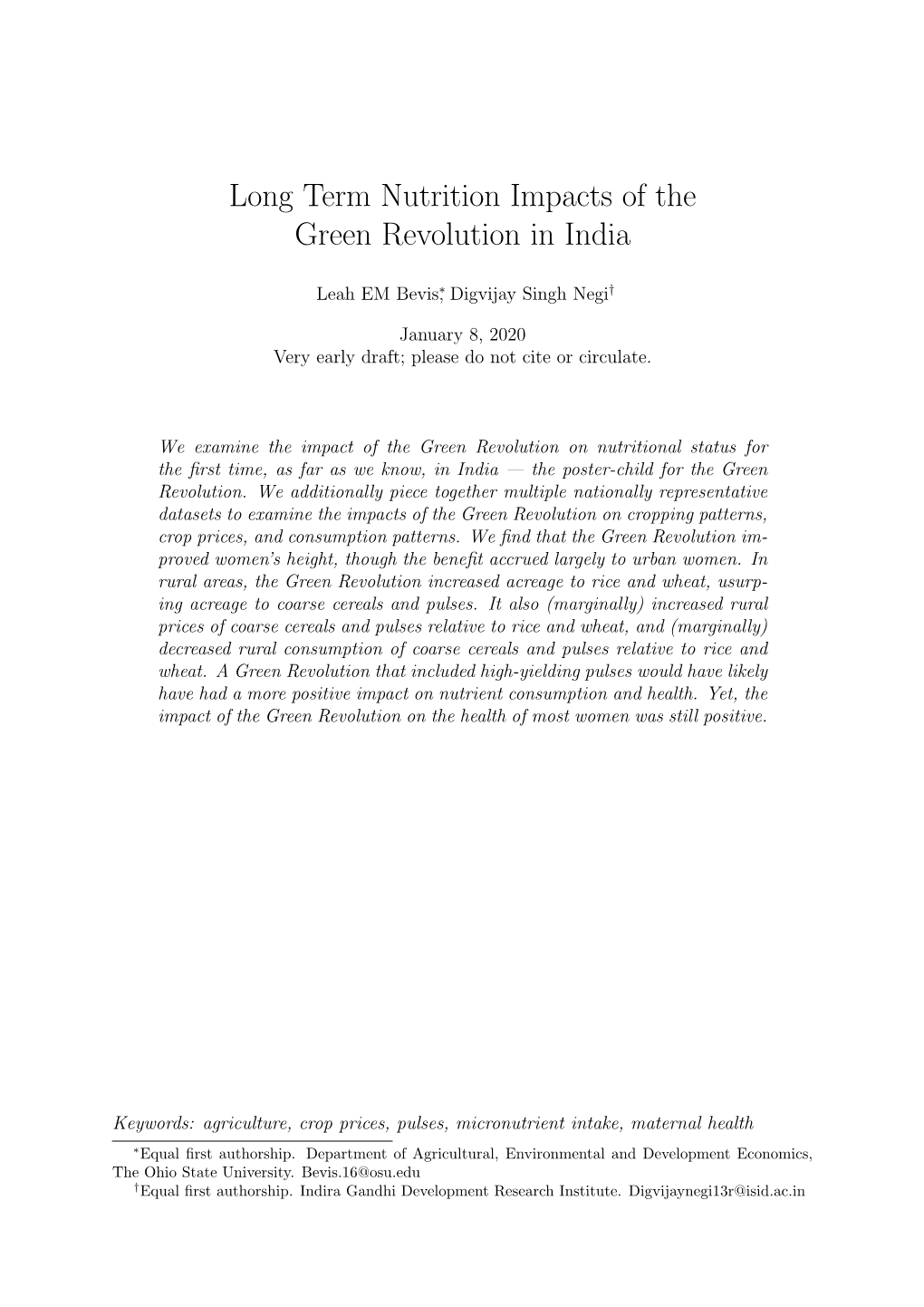 Long Term Nutrition Impacts of the Green Revolution in India