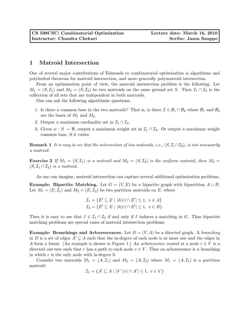 1 Matroid Intersection