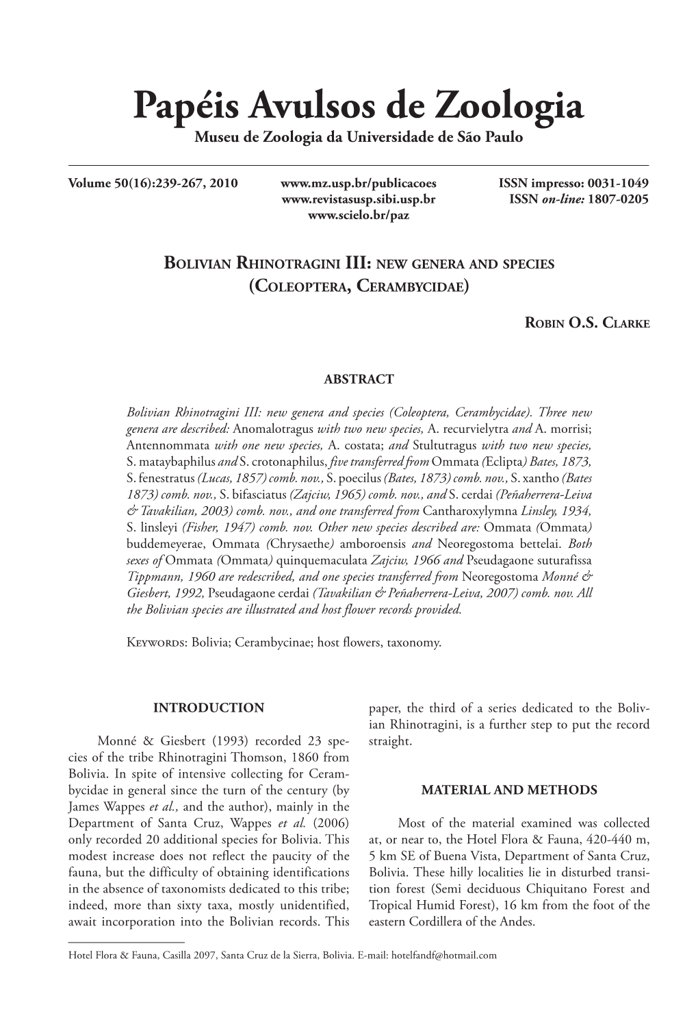 Bolivian Rhinotragini III: New Genera and Species (Coleoptera, Cerambycidae)