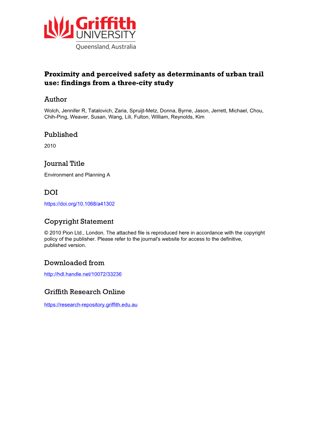 Proximity and Perceived Safety As Determinants of Urban Trail Use: Findings from a Three-City Study