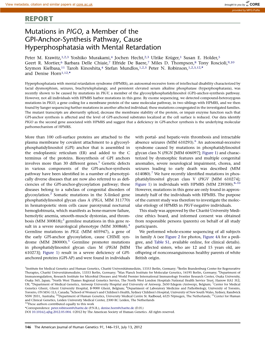 Mutations in PIGO, a Member of the GPI-Anchor-Synthesis Pathway, Cause Hyperphosphatasia with Mental Retardation