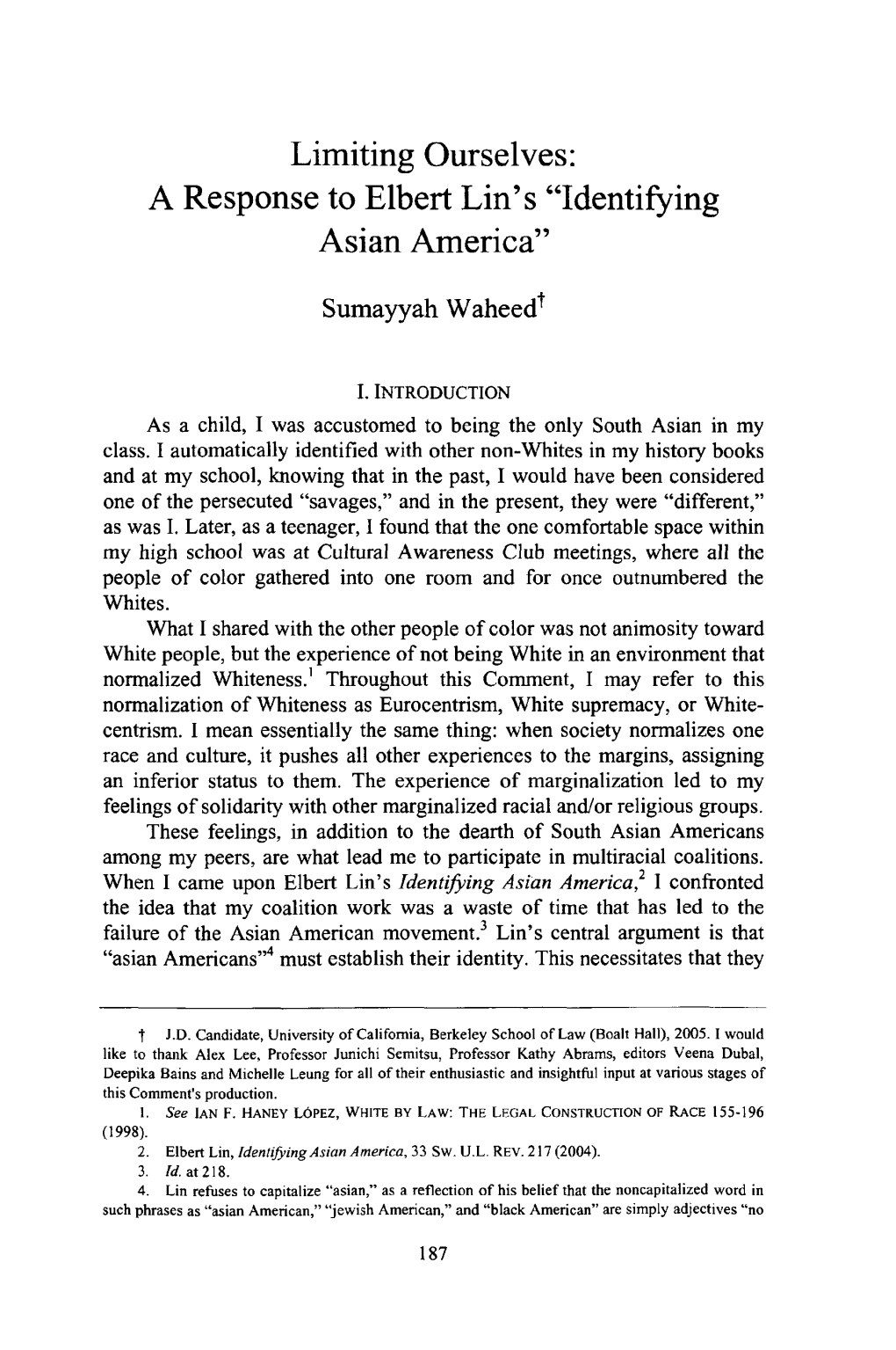 A Response to Elbert Lin's Identifying Asian America