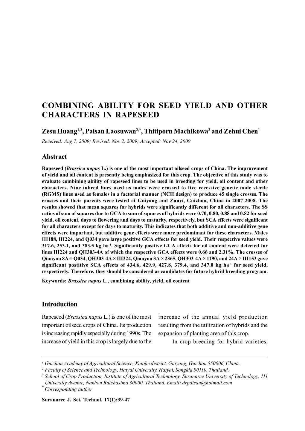 Combining Ability for Seed Yield and Other Characters in Rapeseed
