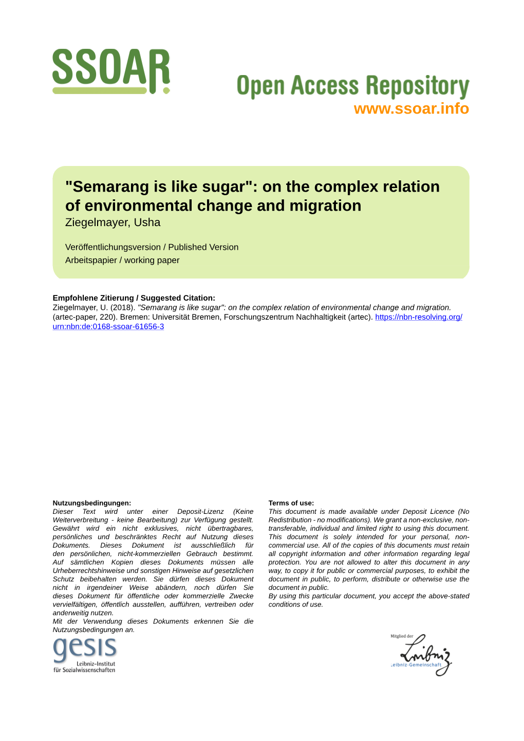 Semarang Is Like Sugar": on the Complex Relation of Environmental Change and Migration Ziegelmayer, Usha