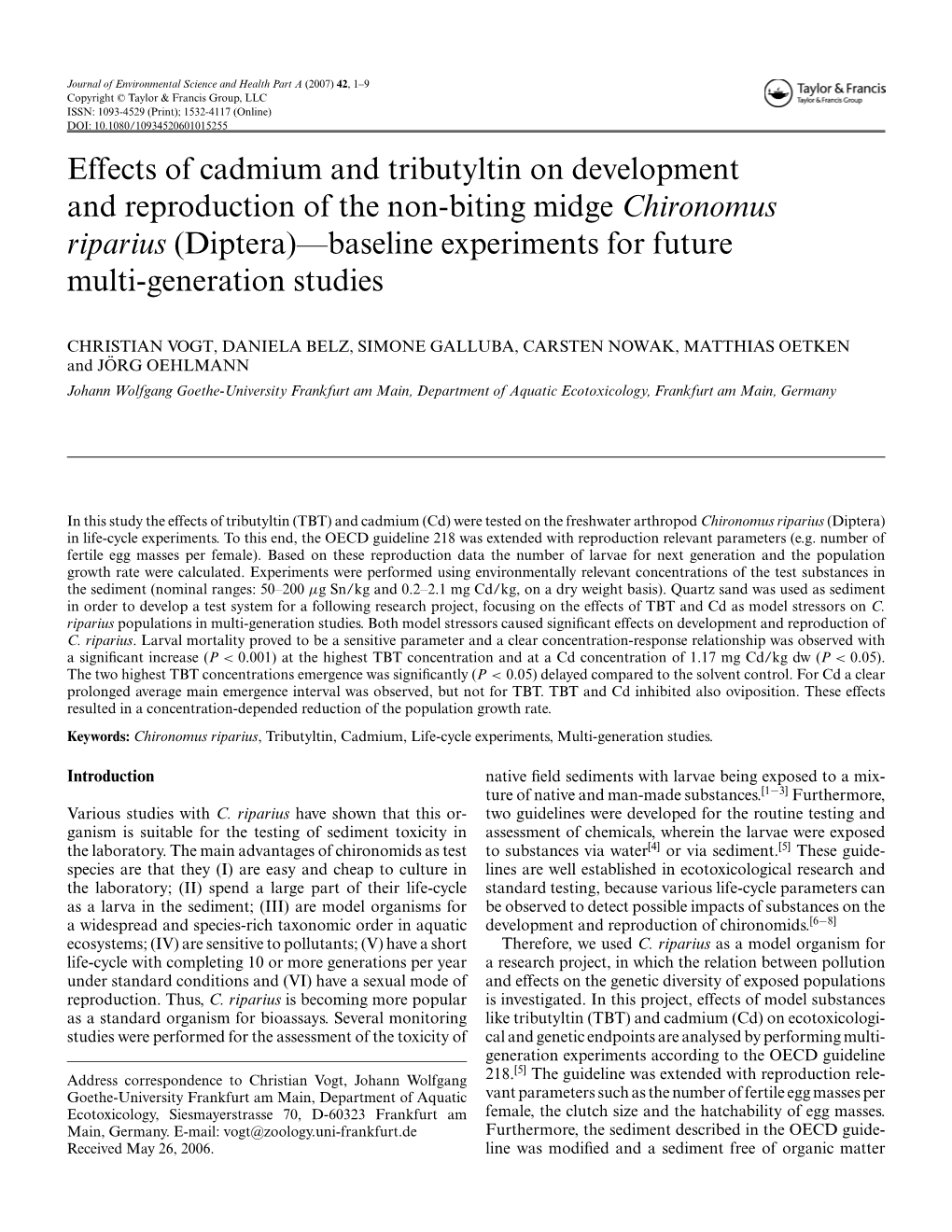 Effects of Cadmium and Tributyltin on Development and Reproduction of the Non-Biting Midge Chironomus Riparius (Diptera)—Basel