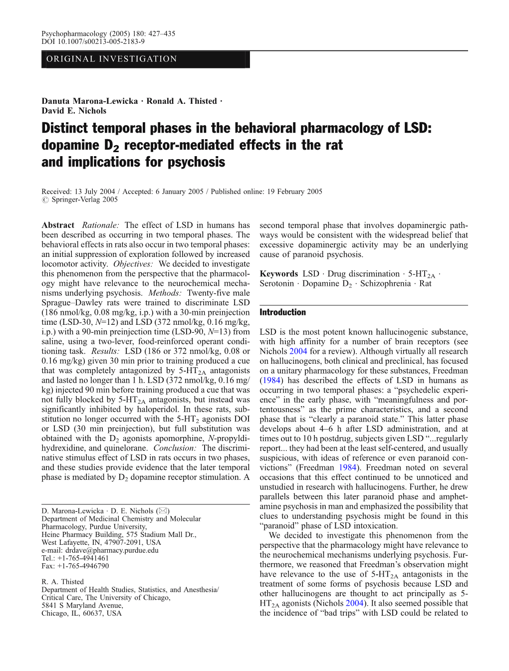 Distinct Temporal Phases in the Behavioral Pharmacology of LSD: Dopamine D2 Receptor-Mediated Effects in the Rat and Implications for Psychosis