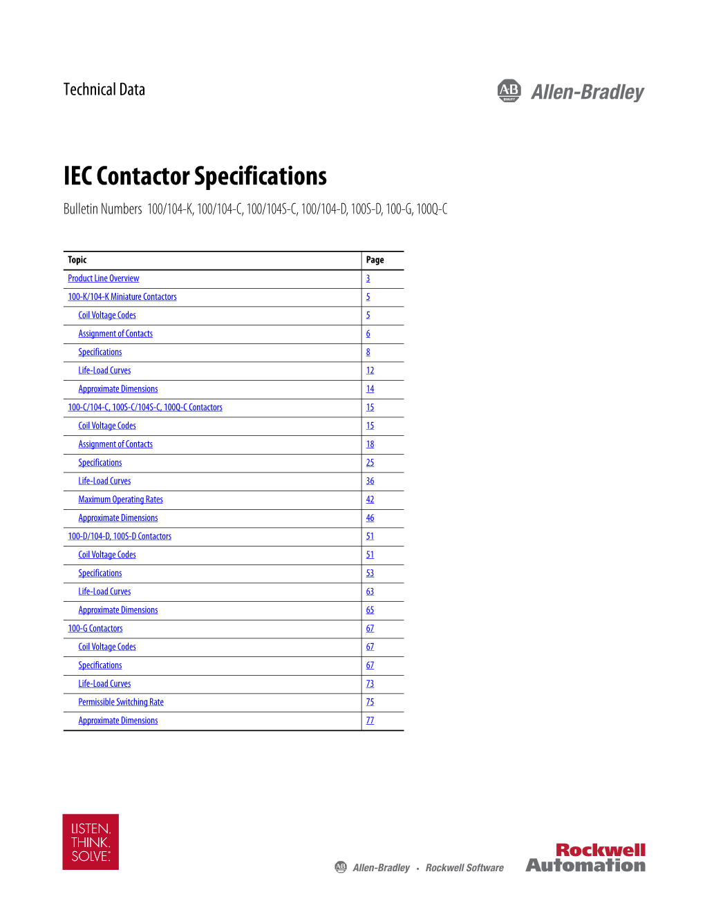 IEC Contactor Specifications Bulletin Numbers 100/104-K, 100/104-C, 100/104S-C, 100/104-D, 100S-D, 100-G, 100Q-C