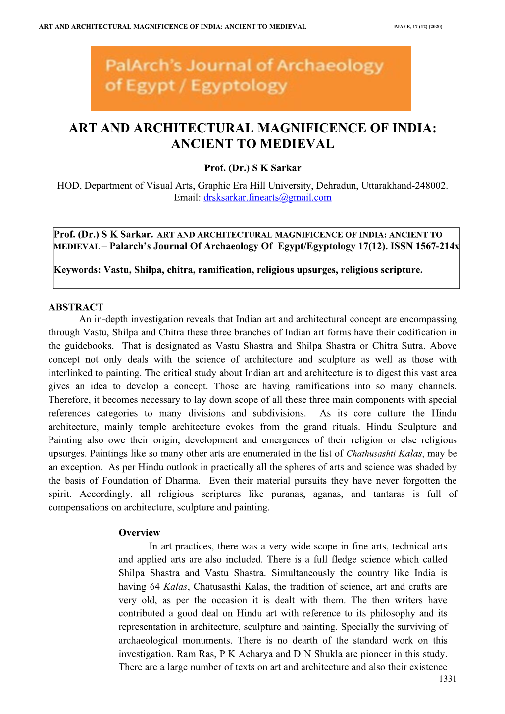 Art and Architectural Magnificence of India: Ancient to Medieval Pjaee, 17 (12) (2020)