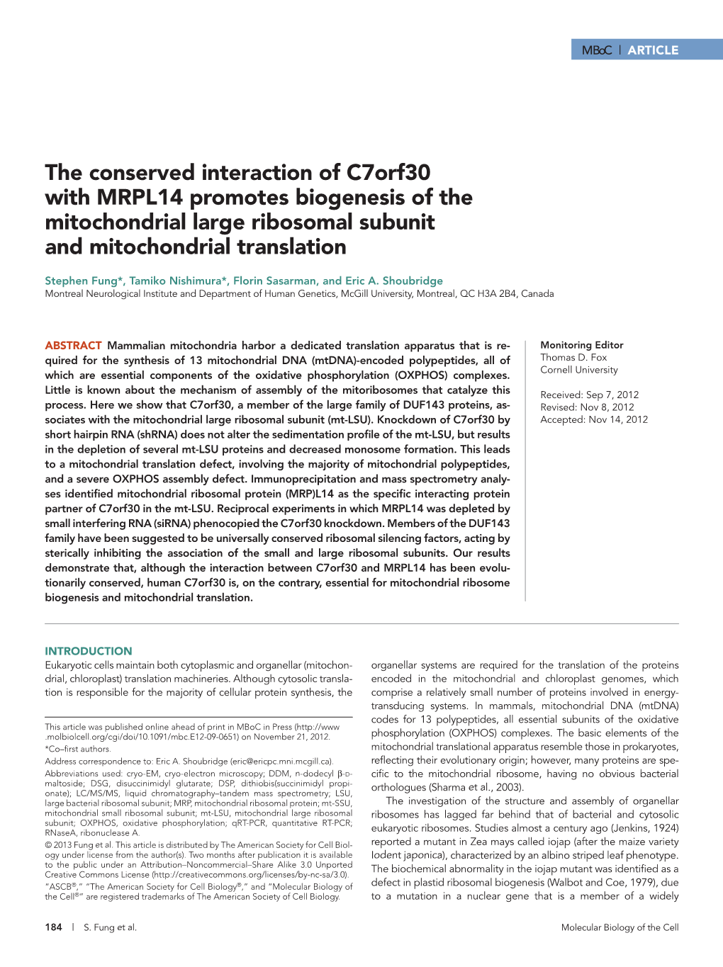 The Conserved Interaction of C7orf30 with MRPL14 Promotes Biogenesis of the Mitochondrial Large Ribosomal Subunit and Mitochondrial Translation