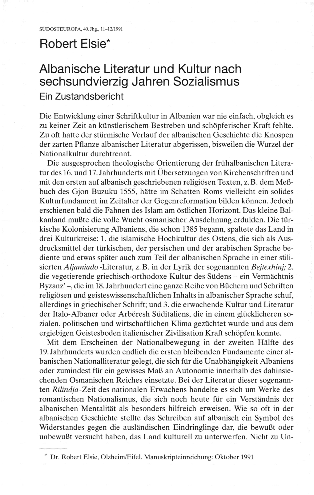 Robert Elsie* Albanische Literatur Und Kultur Nach Sechsundvierzig