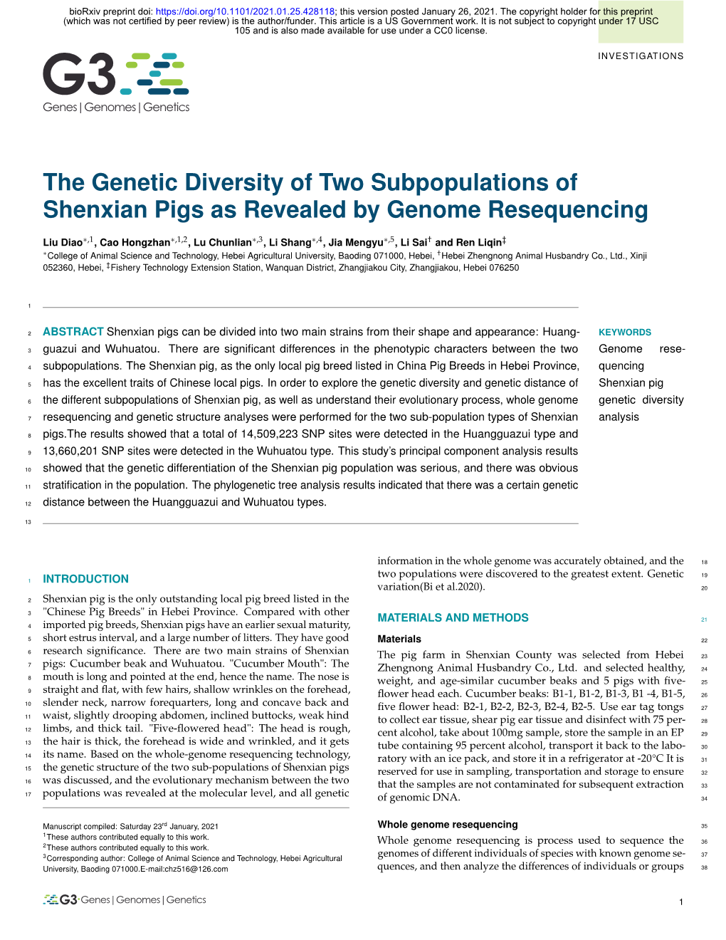 The Genetic Diversity of Two Subpopulations of Shenxian Pigs As Revealed by Genome Resequencing