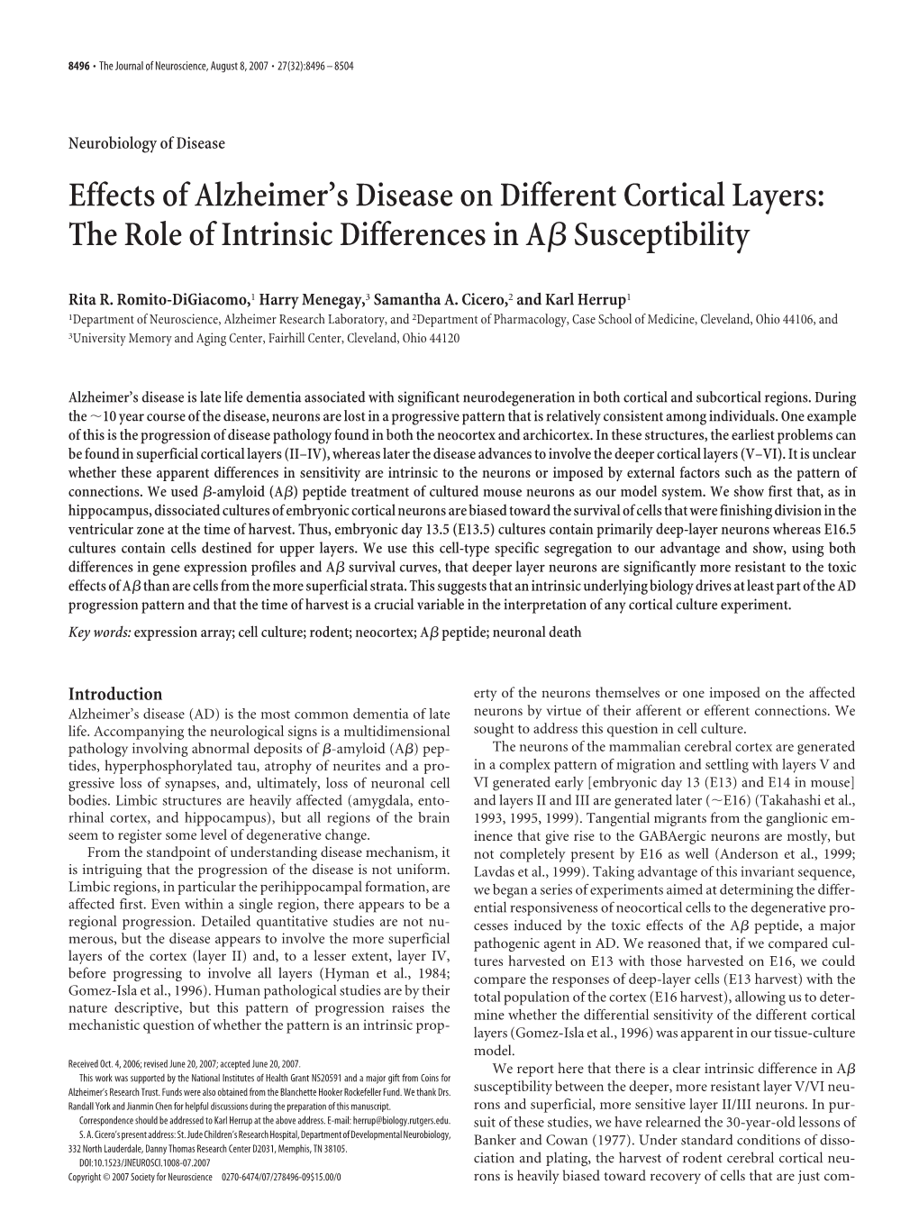 Effects of Alzheimer's Disease on Different Cortical Layers