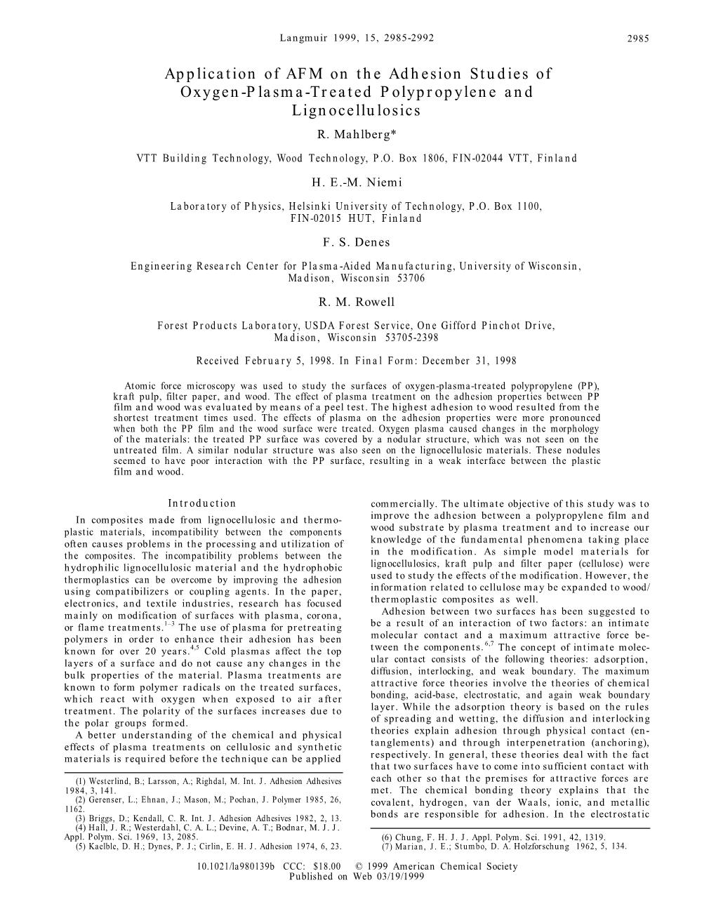 Application of AFM on Hte Adhesion Studies of Oxygen-Plasma-Treated