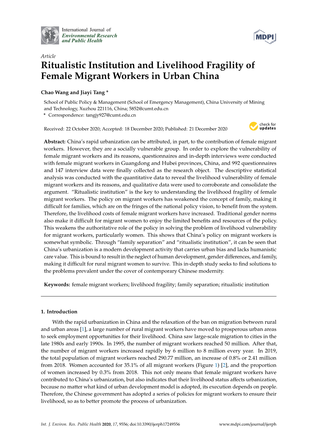 Ritualistic Institution and Livelihood Fragility of Female Migrant Workers in Urban China