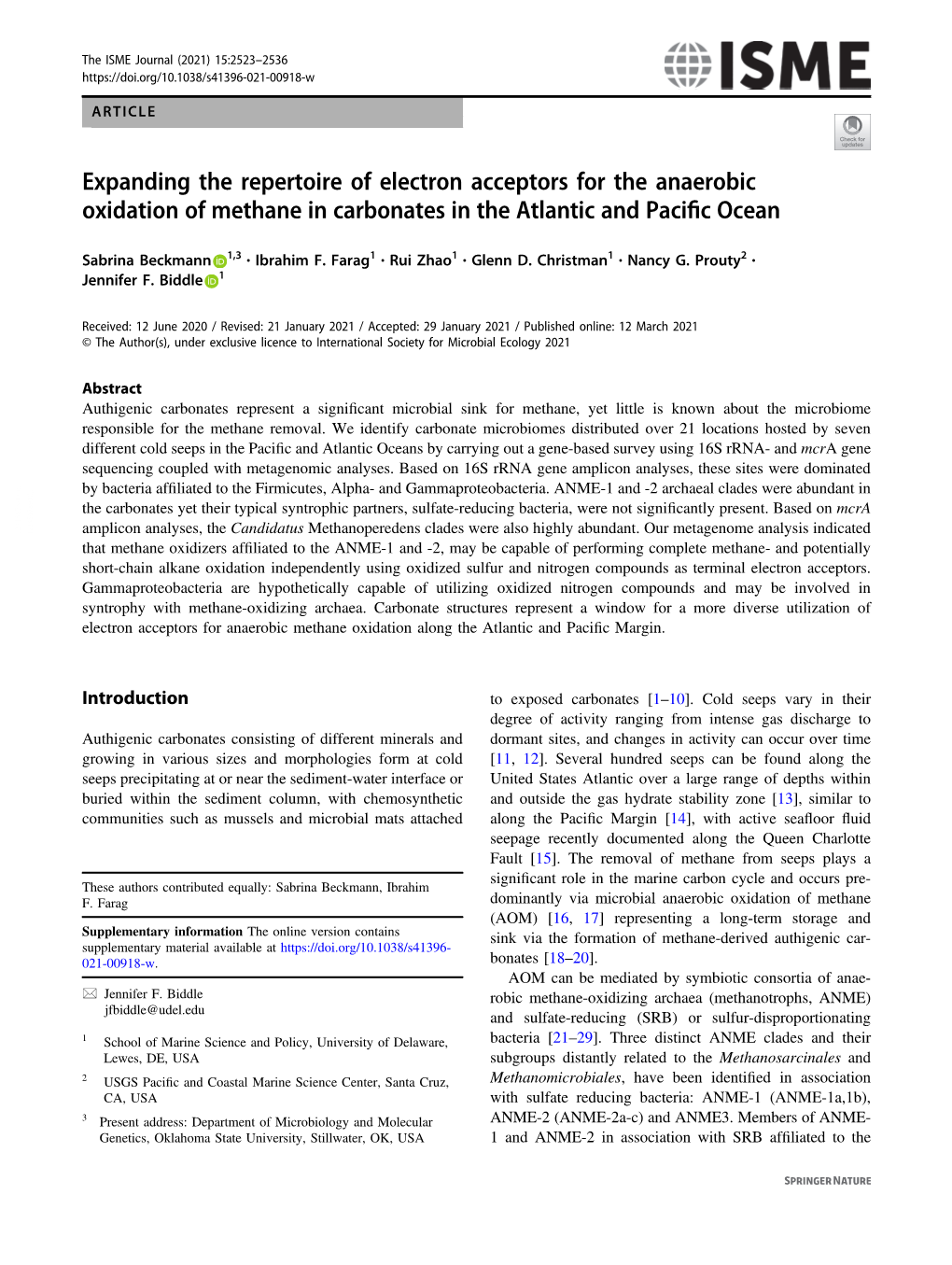 Expanding the Repertoire of Electron Acceptors for the Anaerobic Oxidation of Methane in Carbonates in the Atlantic and Pacific