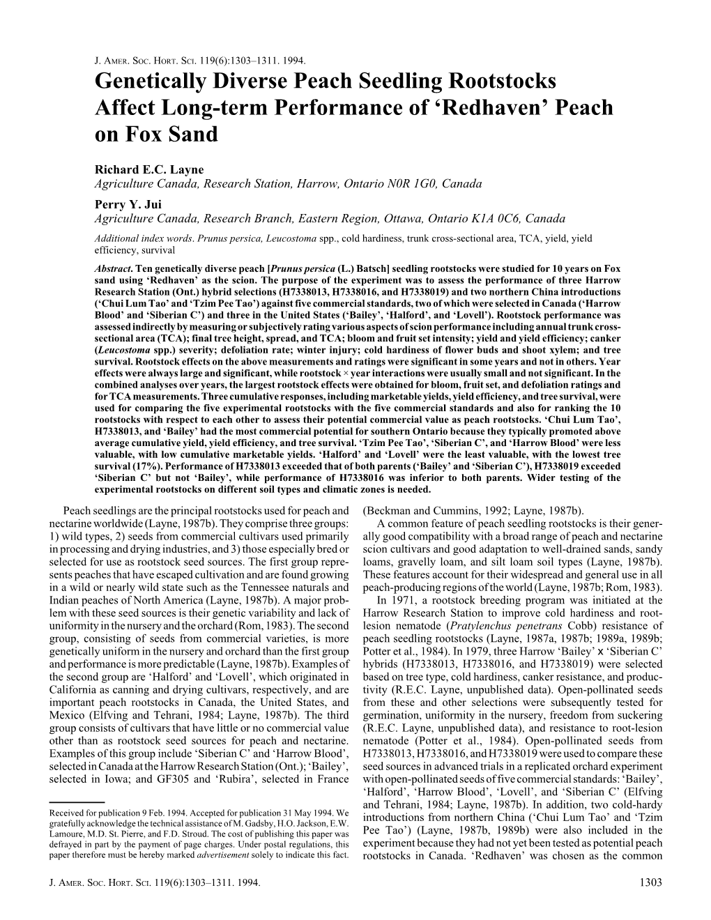 Genetically Diverse Peach Seedling Rootstocks Affect Long-Term Performance of ‘Redhaven’ Peach on Fox Sand