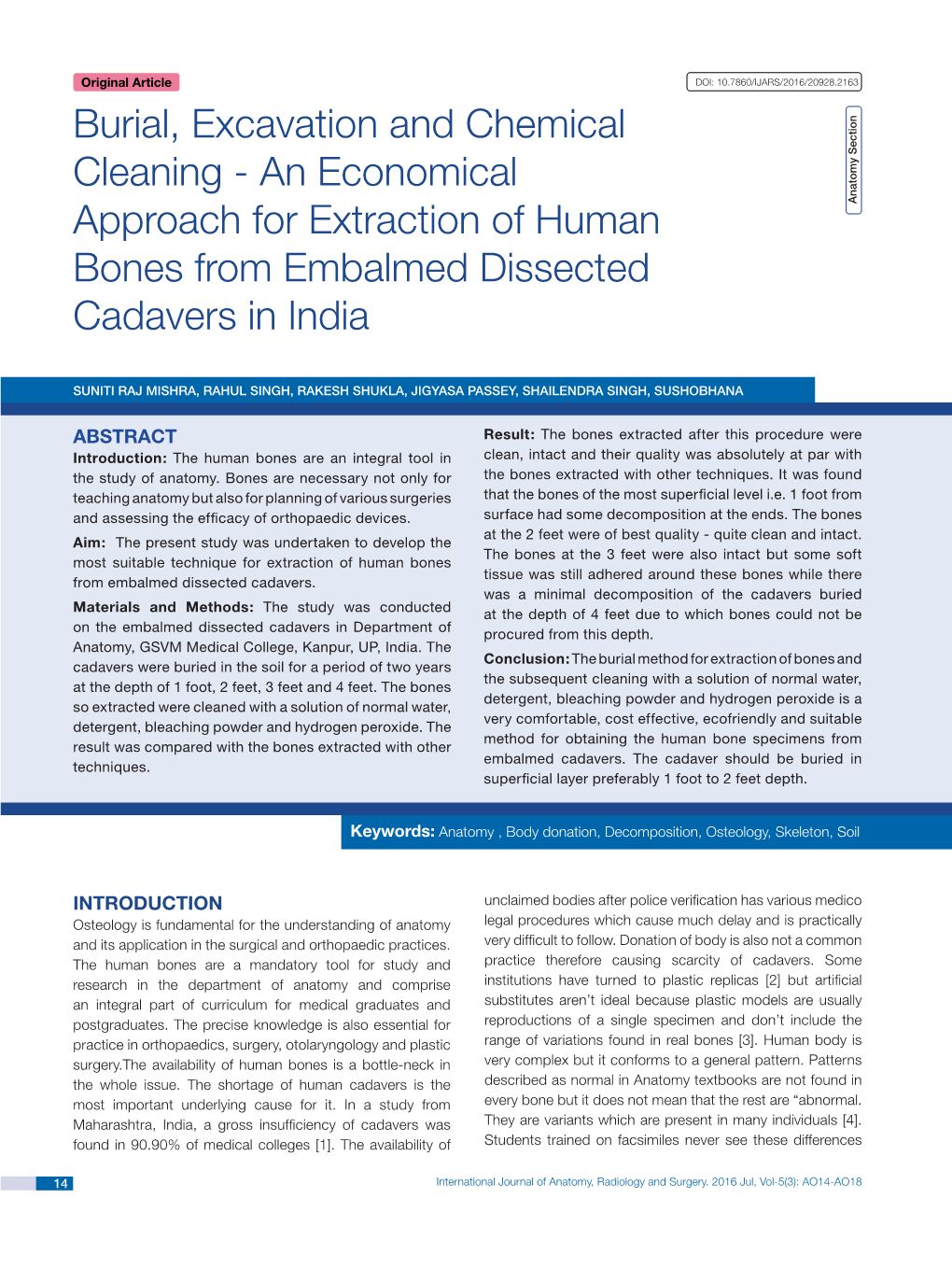 Burial, Excavation and Chemical Cleaning - an Economical Approach for Extraction of Human Anatomy Section Bones from Embalmed Dissected Cadavers in India